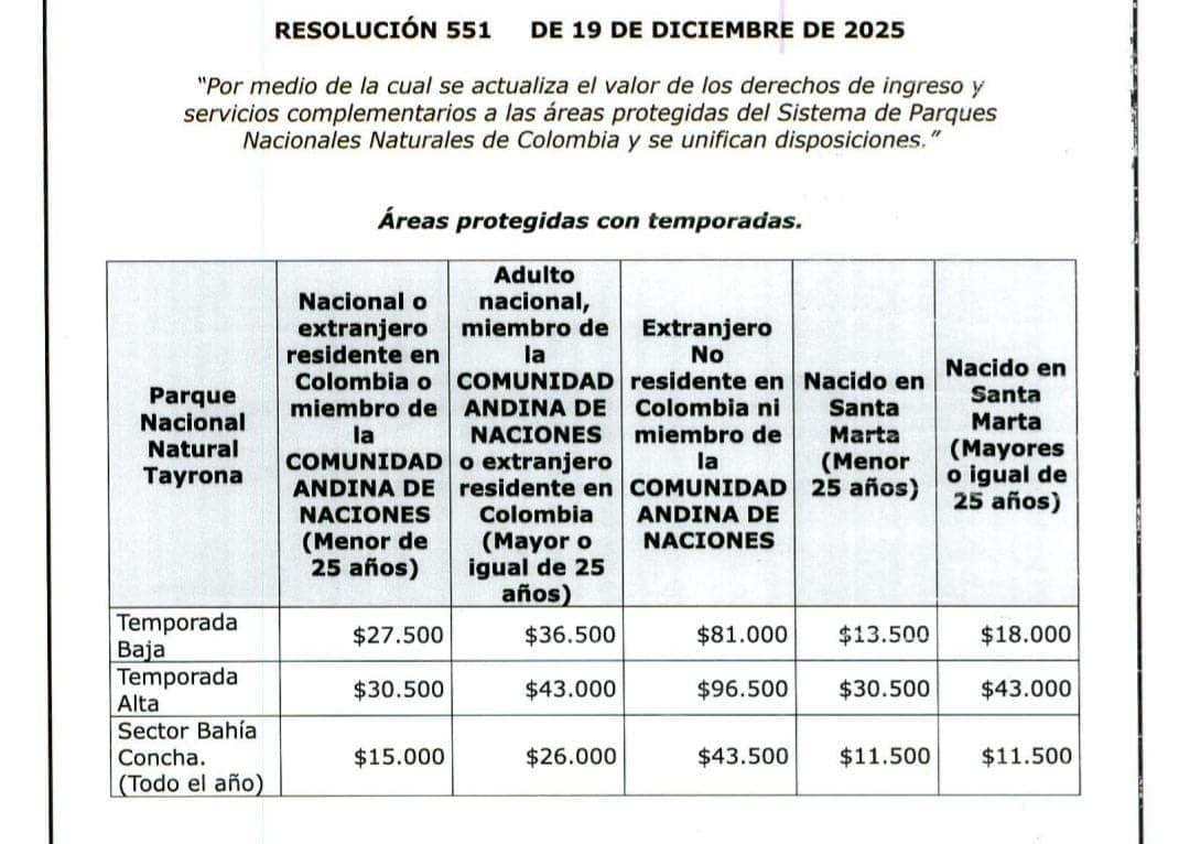 Precios de ingreso al Parque Tayrona 2026